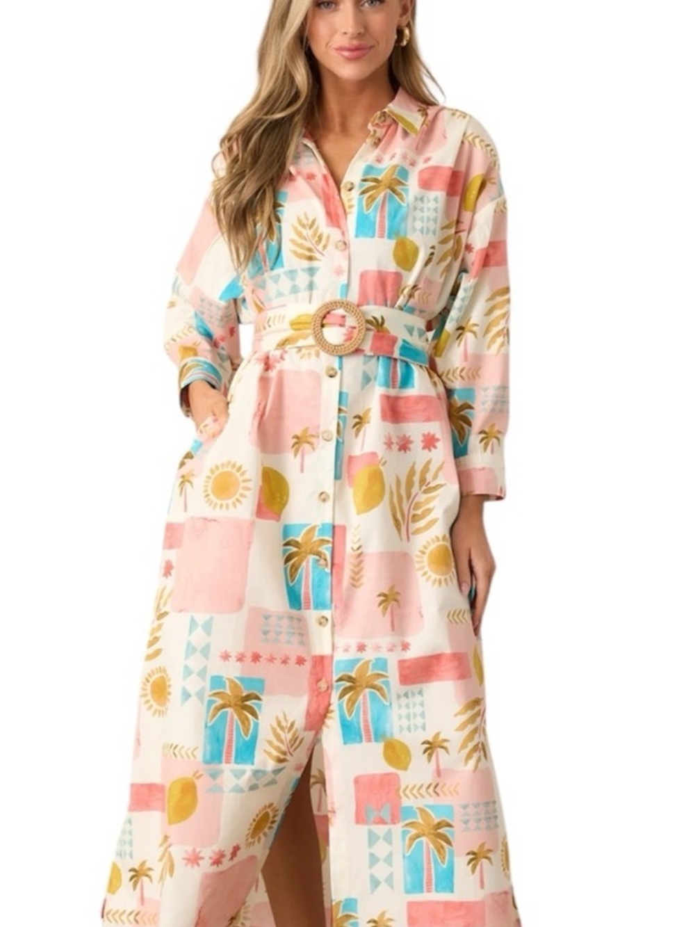 Dress Forum Tropical Print Button-Front Maxi Dress - Pink, Teal & Yellow